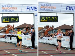Manchester Marathon runners crossing the finish line
