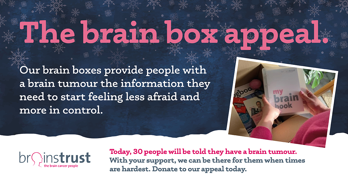 Christmas brain box appeal design. Text reads: Our brain boxes provide people with a brain tumour the information they need to start feeling less afraid and more in control.