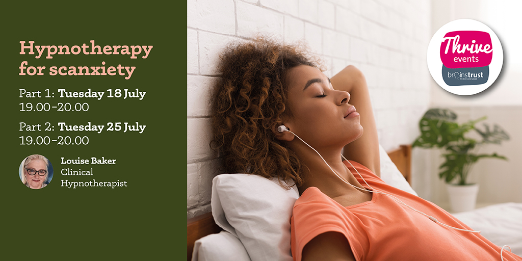 Text reads: Hypnotherapy for scanxiety July 2023
Image: lady with head phones in lays in bed with eyes closed look relaxed